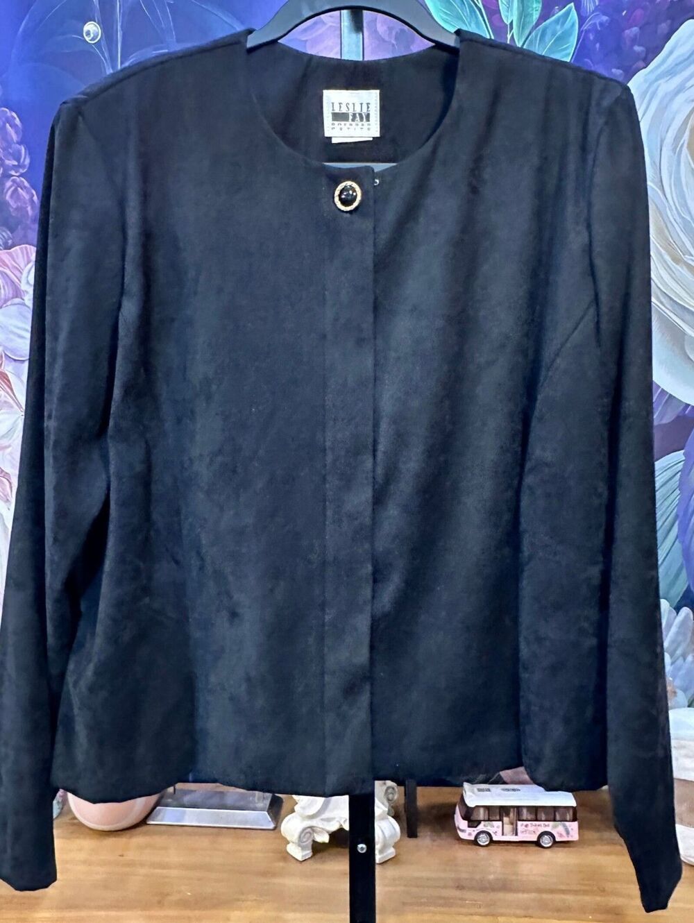 Leslie Fay Black Collarless Jacket Ornate Button Long Sleeve Blazer Academia